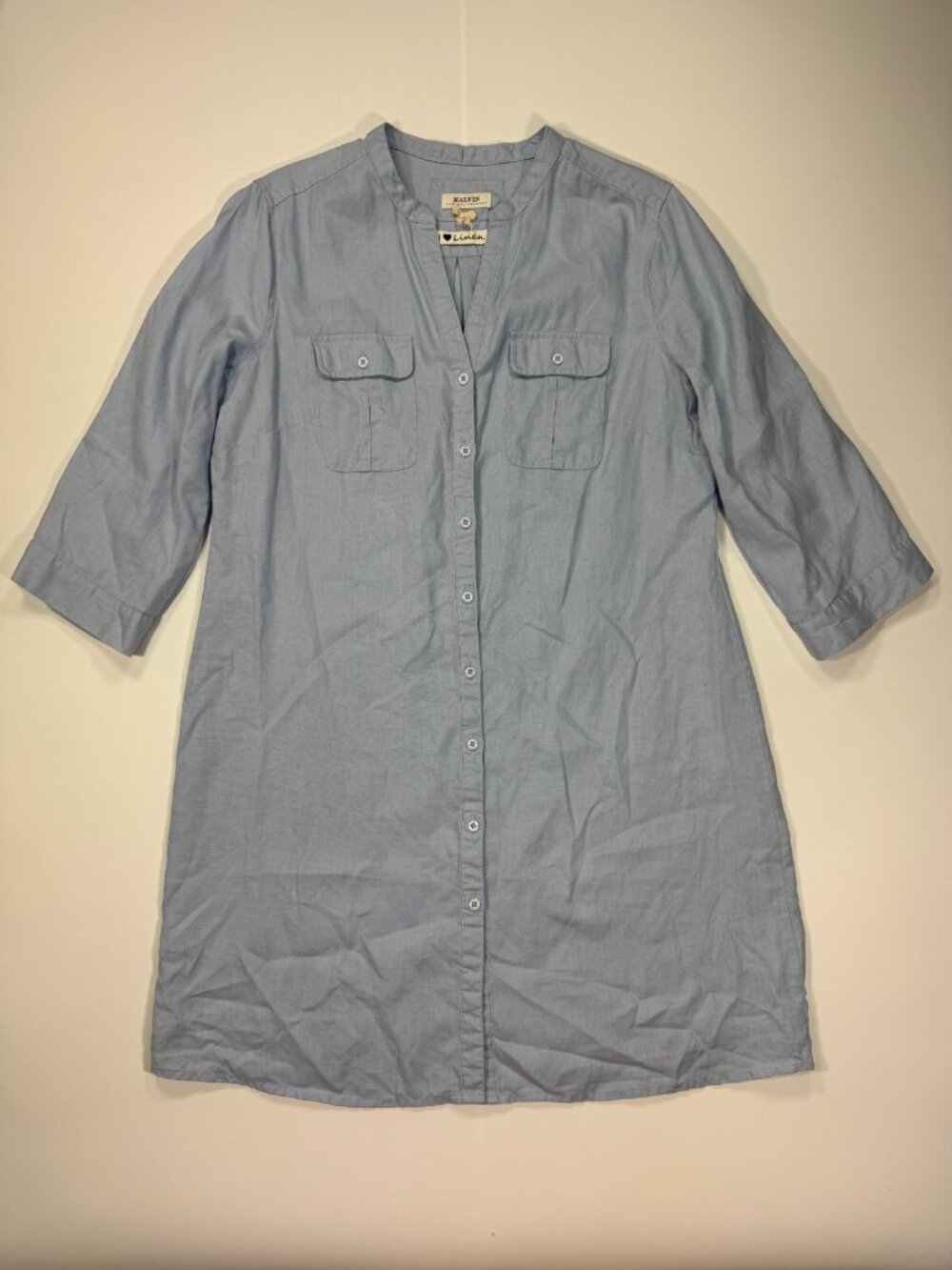 Malvin Hamburg Germany Dress Womens S Blue Linen Tunic Front-Button Detail